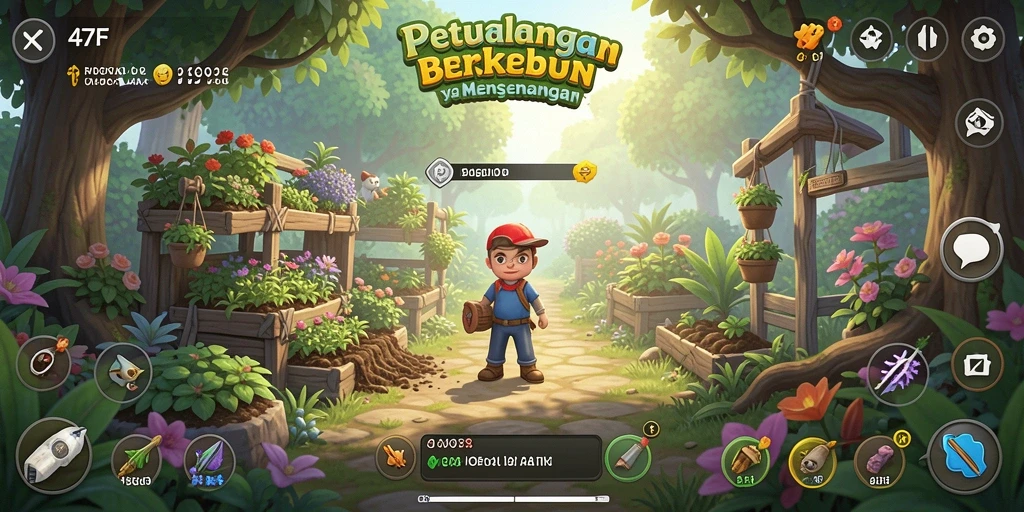 Screenshot utama 47F menampilkan aktivitas berkebun yang asyik dan warna-warni.
