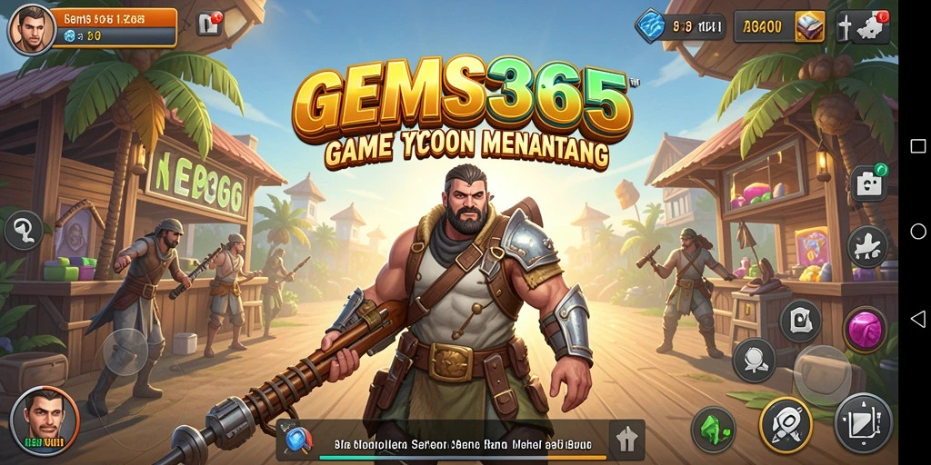 Tampilan gameplay GEMS365 yang penuh aksi dan manajemen Tycoon.