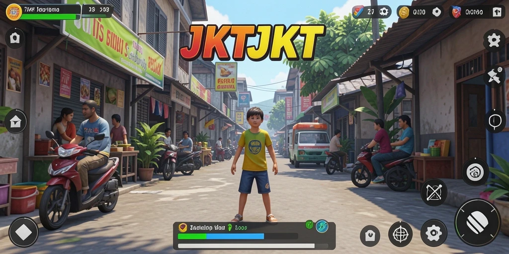 Tangkapan layar JKTJKT menampilkan interaksi karakter dan aktivitas sehari-hari.