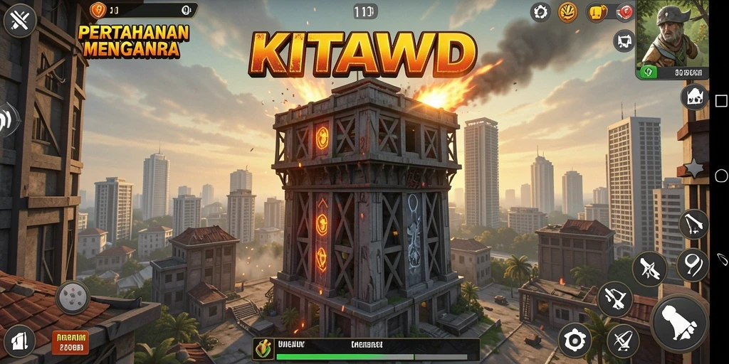 Tampilan menara pertahanan dan serangan musuh dalam KITAWD.