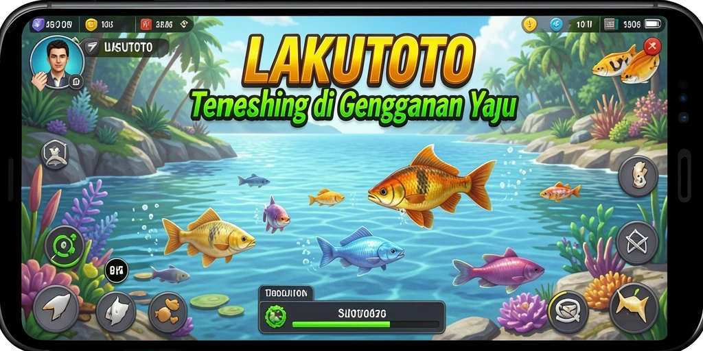 Screenshot game menunjukkan pemain menangkap ikan di danau yang indah.