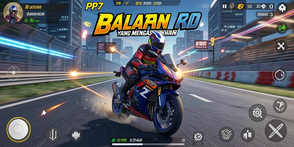 Tampilan gameplay seru dalam PP7 dengan motor balap memukau.