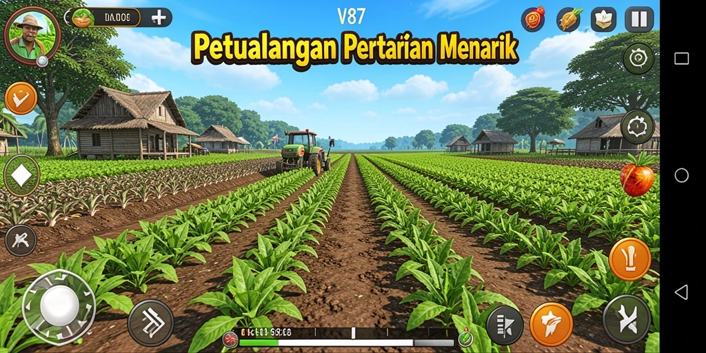 Tangkapan layar gameplay V87 menunjukkan aktivitas bertani yang seru.